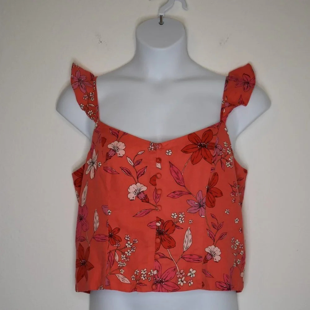 Banana Republic Linen Floral Corset Sz XL Cropped Smocked Back Cottagecore Boho